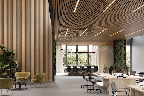 Akoestische plafondbekleding in hout met ingebouwde LED-verlichting