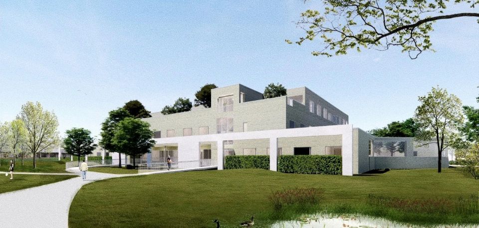 Utilitair gebouw met moderne architectuur in beton en groen geolied hout