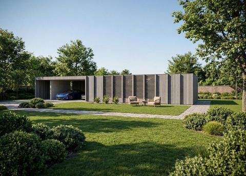 Lage houtbouw met carport aanbouw Lage houtbouw met carport aanbouw