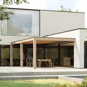 Pergola met lamellendak aangebouwd aan gevel