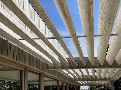 Houten zonneluifel tegen gevel maatwerk