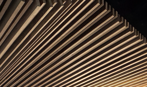 Plafond bekleed met innovatief Uni line profiel in thermisch essen