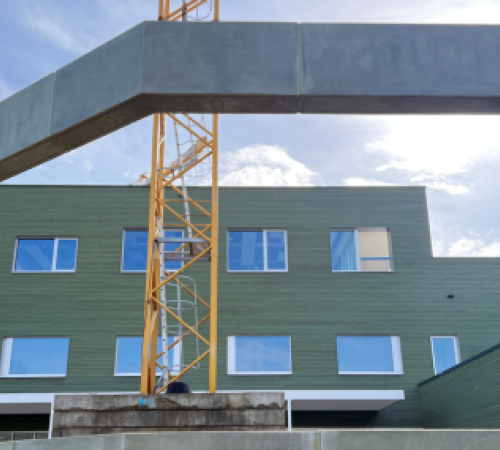 A style of architecture combining wood and concrete