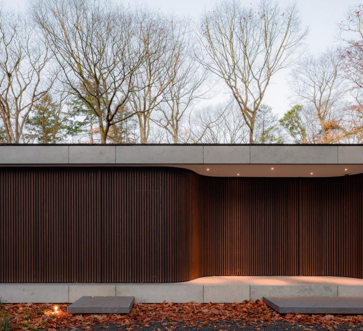 Gebogen gevel in hout geeft warme uitstraling aan moderne villa