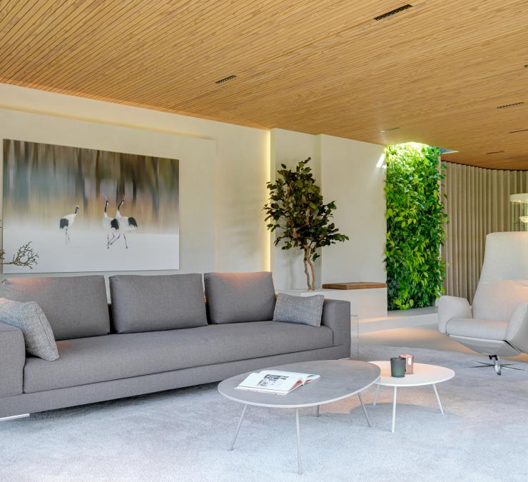 Moderne woonkamer met houten plafond straalt rust uit